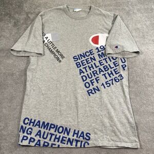Champion‎ Logo All Over Print T Shirt Mens Large Gray Y2K Cotton